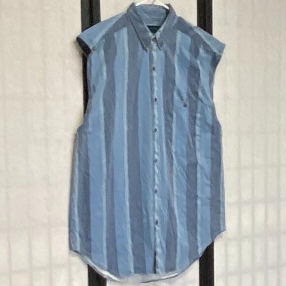 Vintage Santana Blue Sleeveless Button Front Vertical Stripe Shirt L Casual - Picture 3 of 13